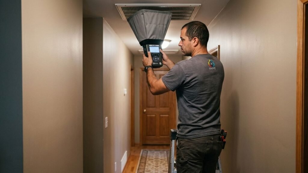 HVAC technician using flow hood on vent