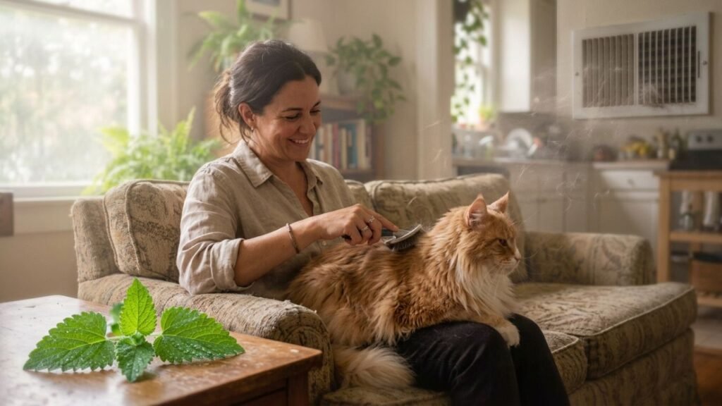 Homeowner brushing cat near air vent with pet hair floating in the air