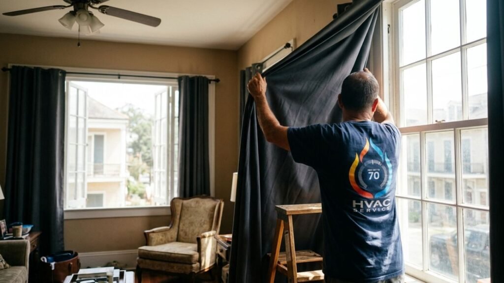Homeowner installing blackout curtains on a large window during daytime in New Orleans