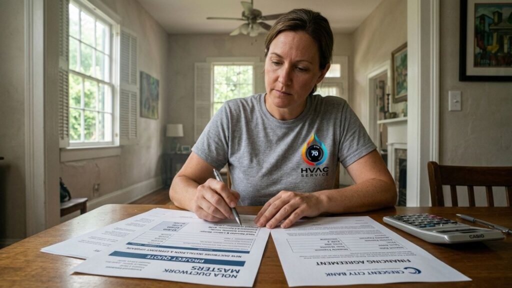 Homeowner reviewing new ductwork financing documents