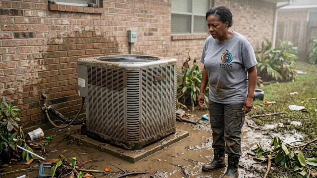 Homeowner standing next to water-damaged outdoor air conditioner after flooding