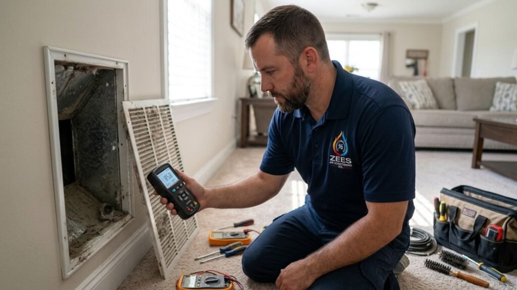 Licensed HVAC technician checking airflow from a wall vent with professional tools