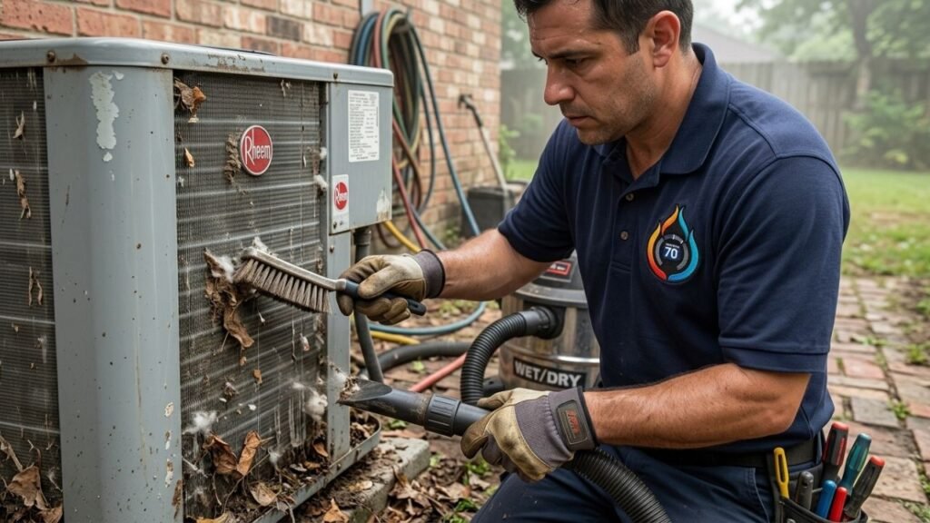 Licensed HVAC technician cleaning debris from outdoor condenser coils