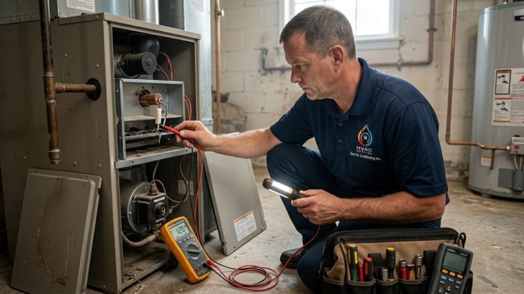 Licensed HVAC technician testing a furnace ignitor using a multimeter