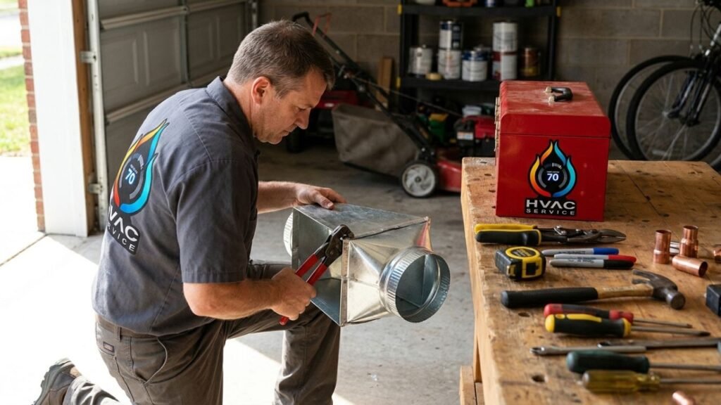 Professional assembling galvanized sheet metal duct transition fitting.