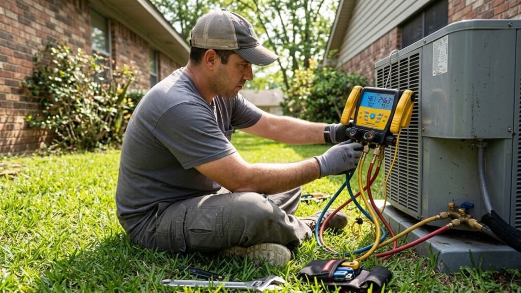 Specialist checking refrigerant gauges on outdoor AC.