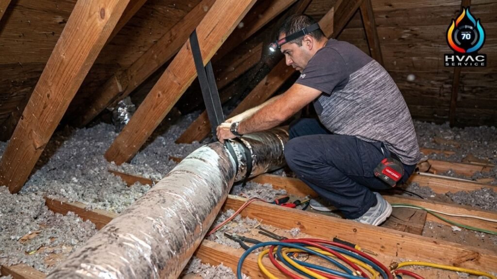 Technician adjusting flexible insulated duct runs in attic.