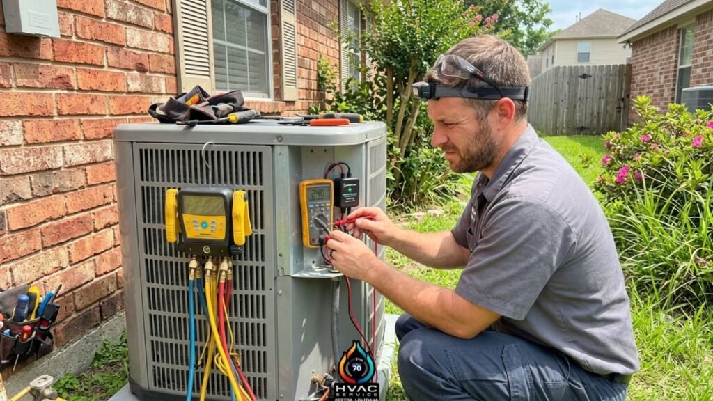 Technician checking AC electrical protection in Gretna LA