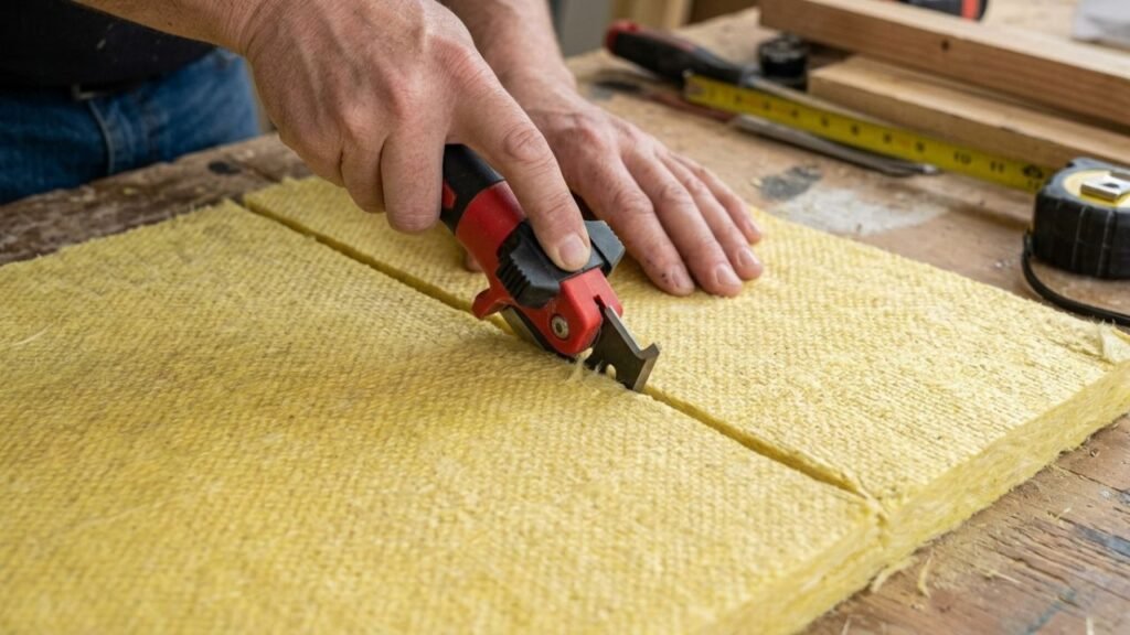 Technician cutting grooves into a fiberglass duct board.