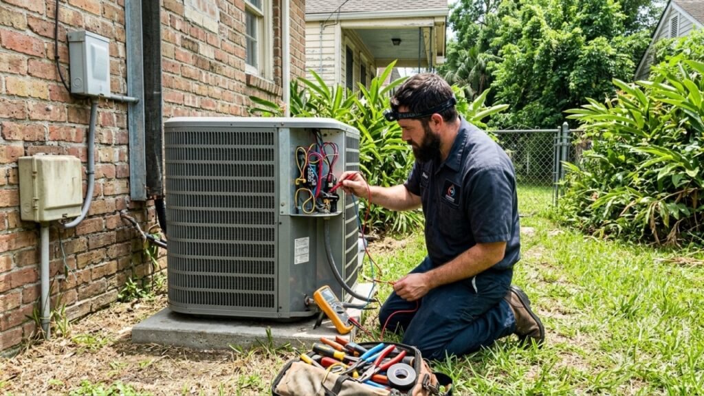 Technician diagnosing electrical AC issue in Gretna LA