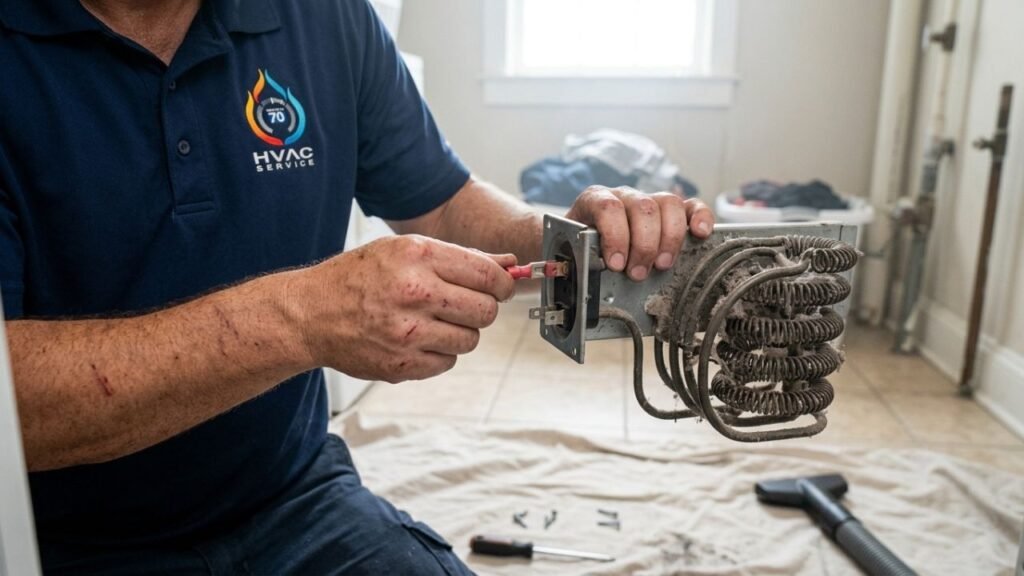 Technician disconnecting wires from faulty dryer heating element during repair