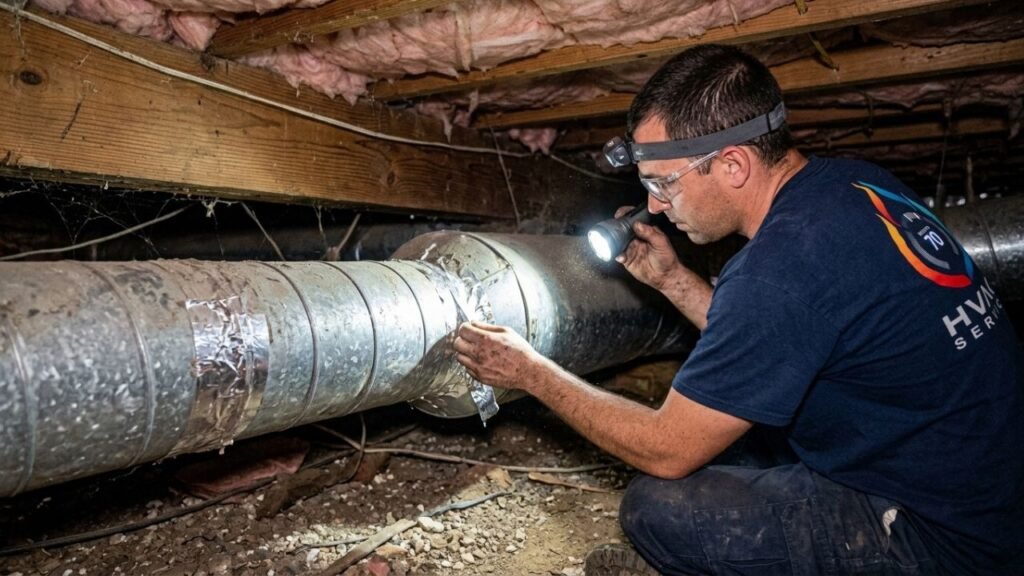 Technician inspecting sheet metal ducts in crawlspace