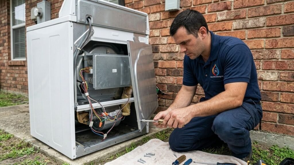 Technician installing new dryer heating element into housing during DIY repair