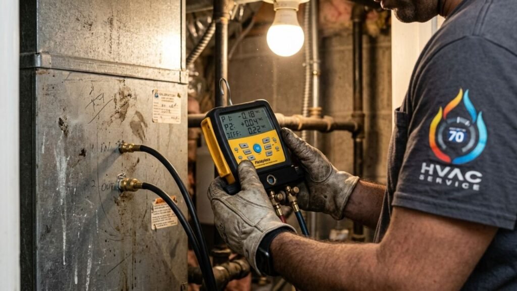 Technician measuring static pressure on furnace plenum