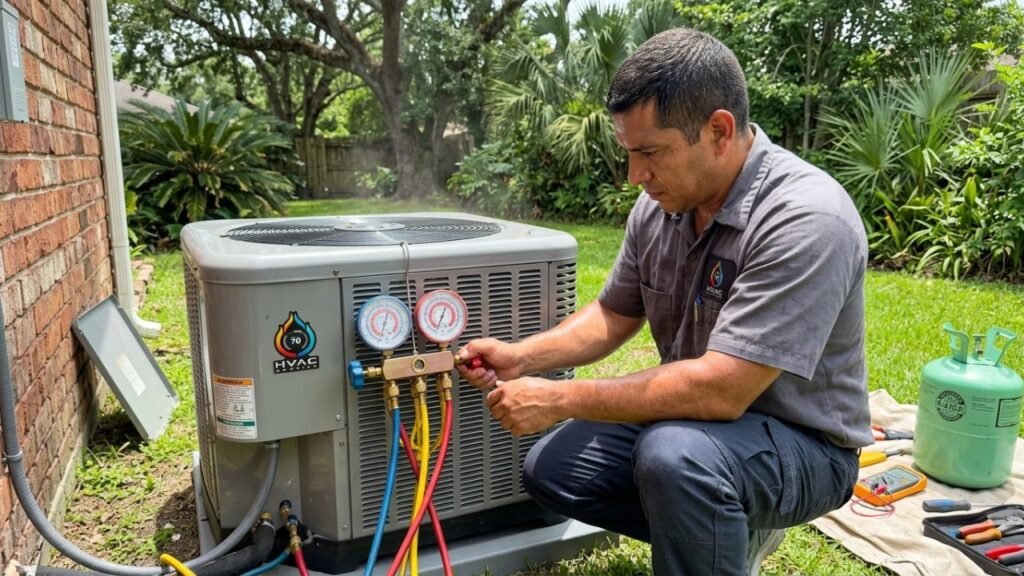 Technician performing AC refrigerant pressure check in Gretna LA