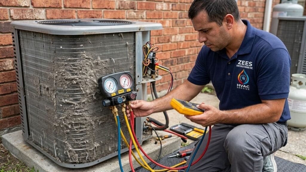 Technician performing diagnostic testing on outdoor AC condenser unit with dirty coil