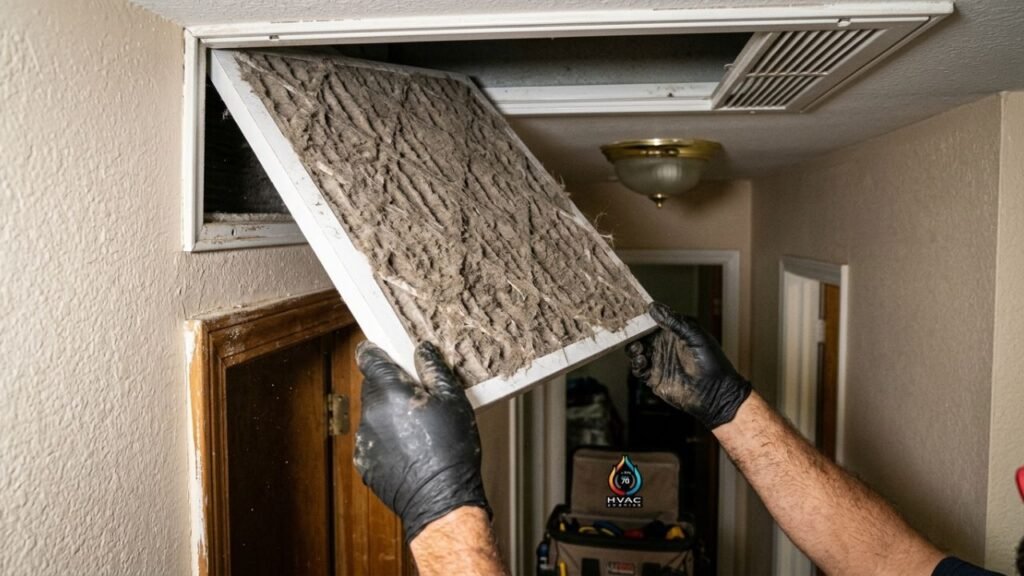 Technician removing dirty air filter from ceiling vent.