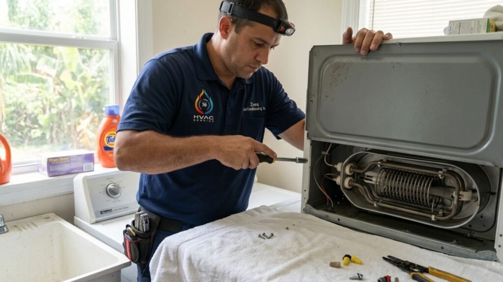 Technician removing dryer back panel to access heating element in Gretna home