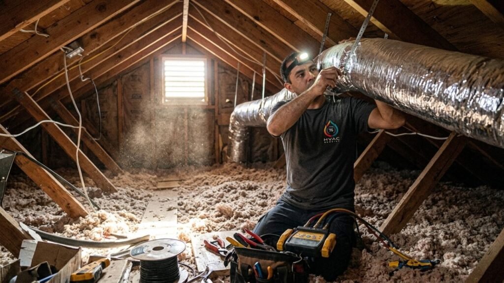 Technician running flexible insulated ductwork in attic