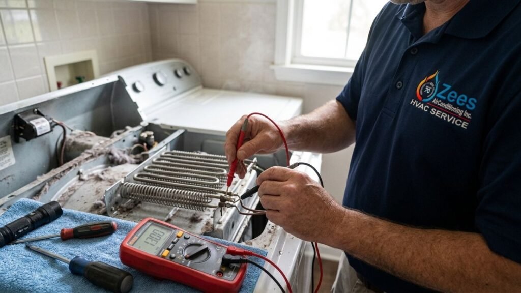 Technician testing dryer heating element continuity with multimeter in New Orleans home