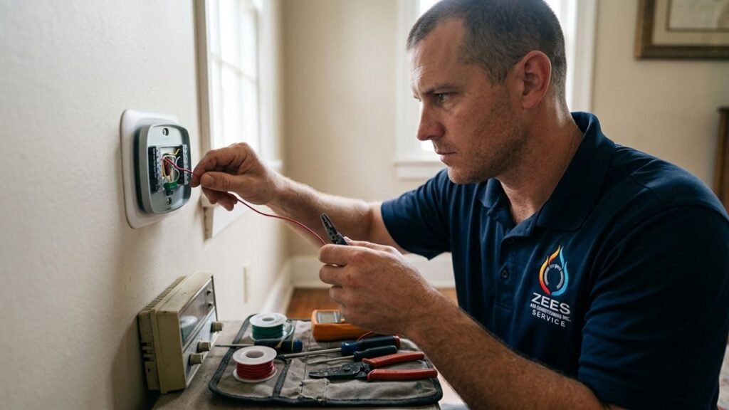 Zees Air Conditioning Inc. technician actively repairing a gas furnace in a New Orleans home