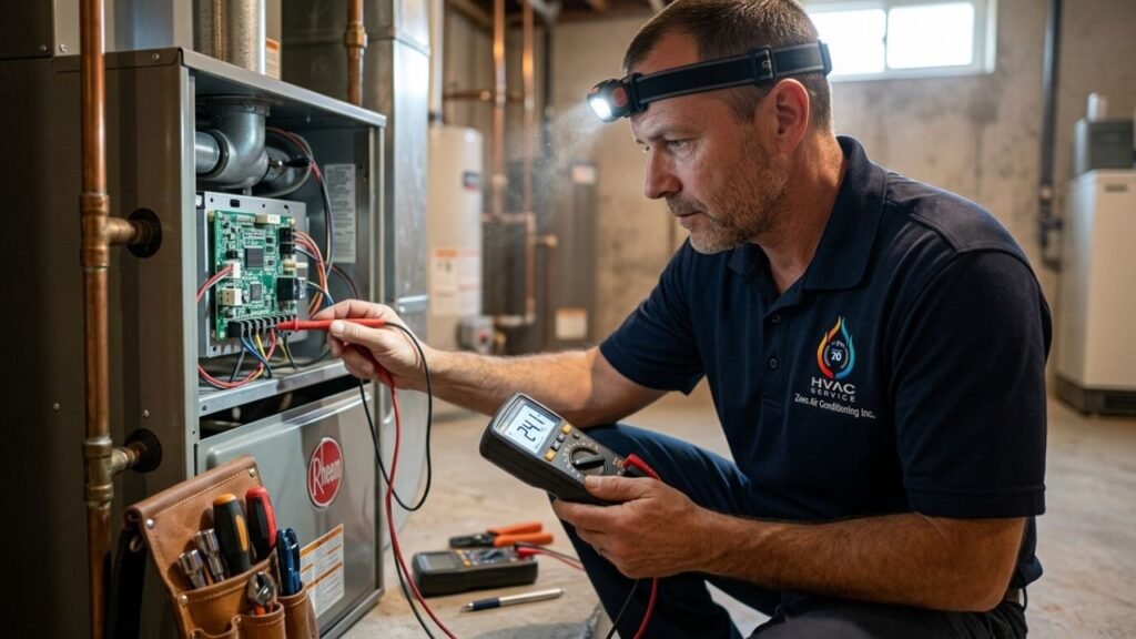 Zees Air Conditioning Inc. technician cleaning and inspecting furnace burners