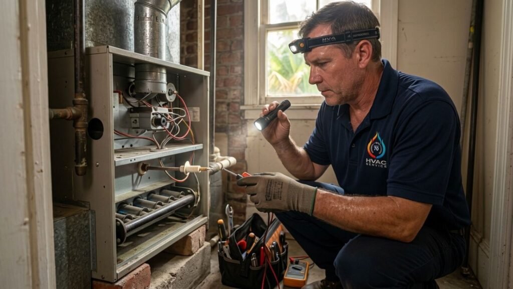 Zees Air Conditioning Inc. technician inspecting a furnace ignitor in a New Orleans home