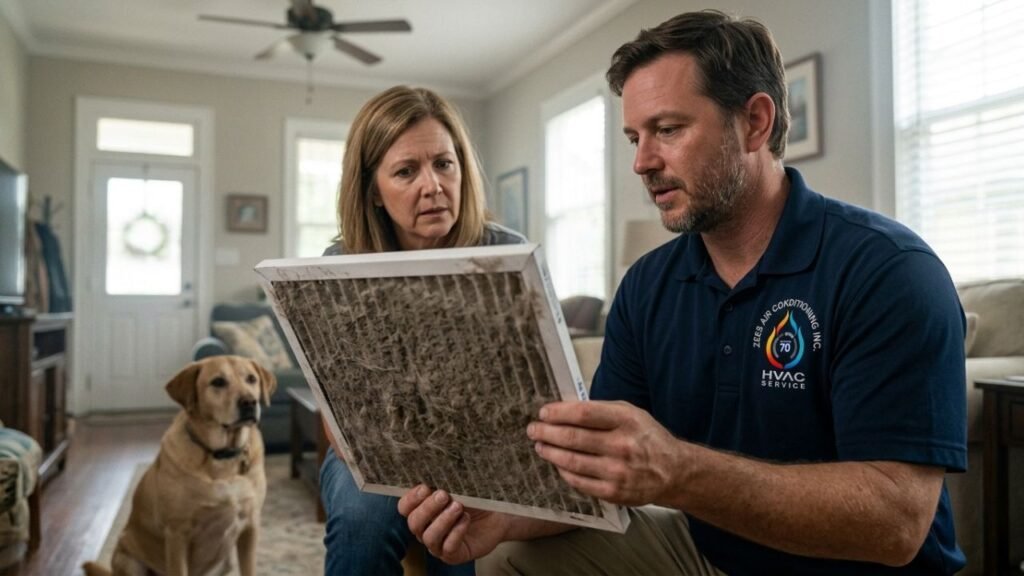 Zees Air Conditioning Inc. technician showing pet hair clogged filter to homeowner in New Orleans