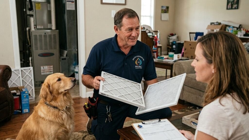 Zees Air Conditioning technician explaining air filters to pet owner with dog nearby