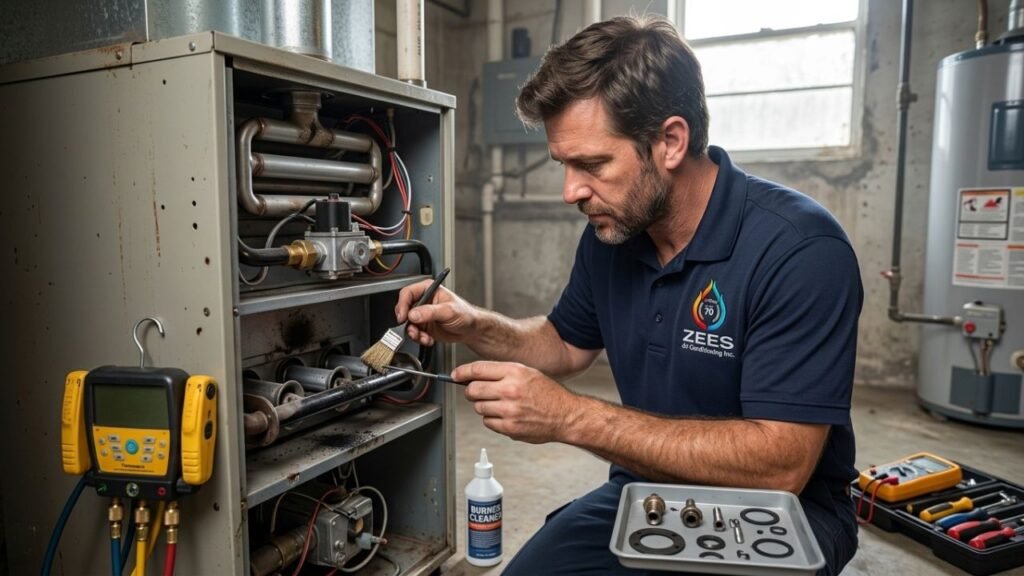 Zees Air Conditioning technician performing diagnostic testing on a residential heating system