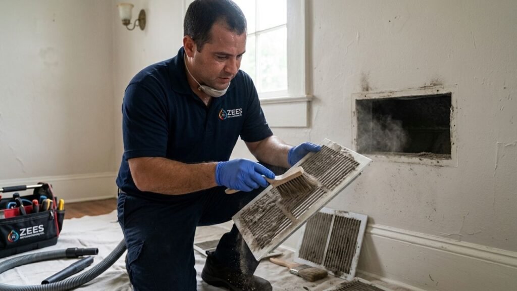 Zees Air Conditioning technician removing and cleaning a dusty air vent cover