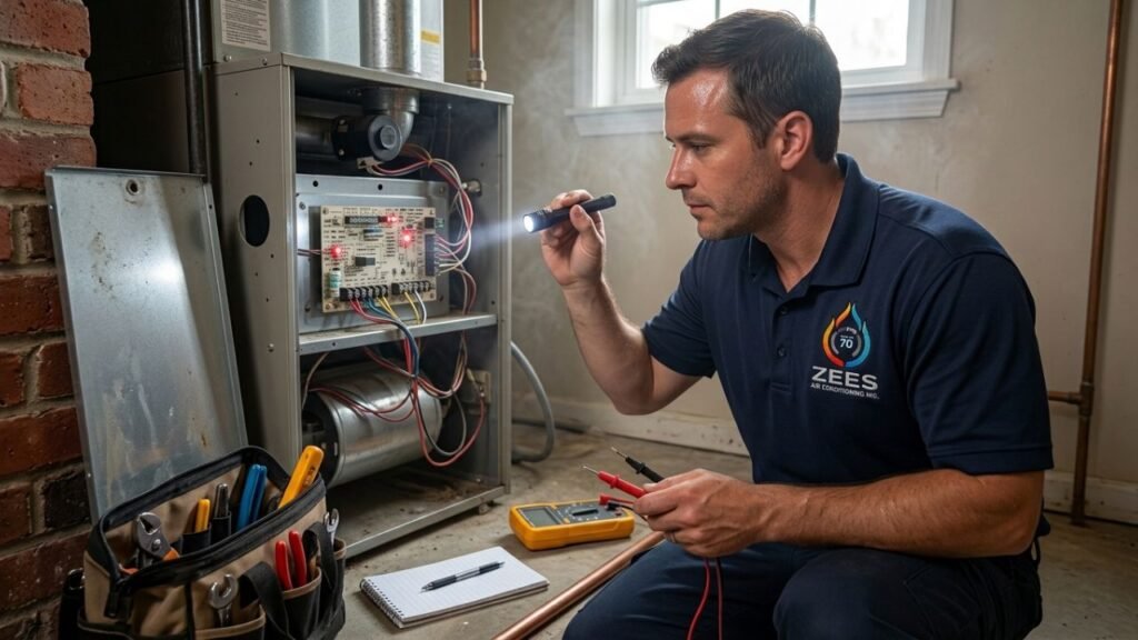 Zees Air Conditioning technician replacing a faulty furnace ignitor during heating repair