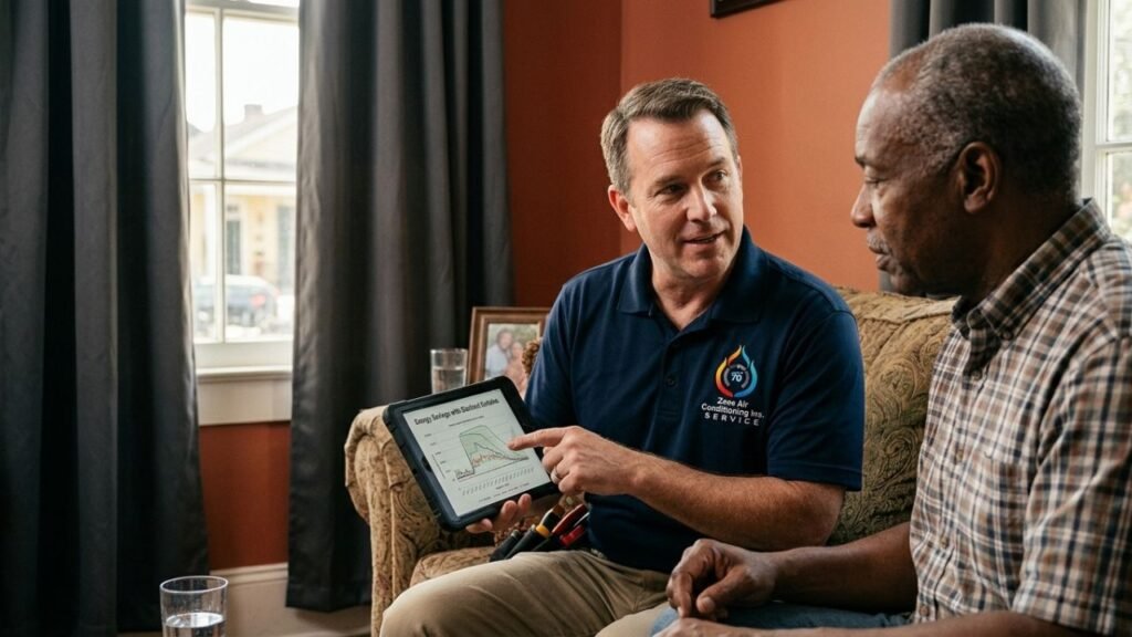 Zees Air Conditioning technician showing energy savings data to homeowner with blackout curtains
