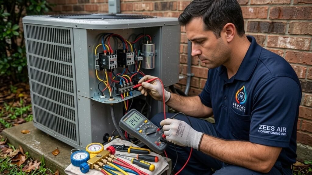 Zees Air Conditioning technician testing electrical components of an outdoor AC unit