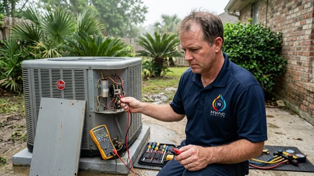 Zees Air Conditioning technician testing electrical components of flood-exposed AC unit