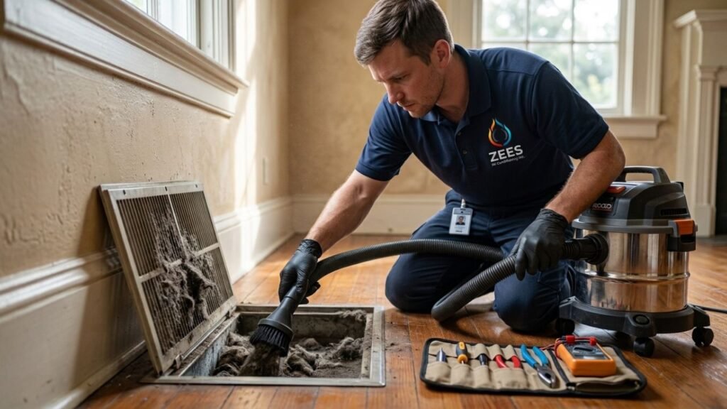 technician cleaning a clogged floor air vent in a New Orleans home