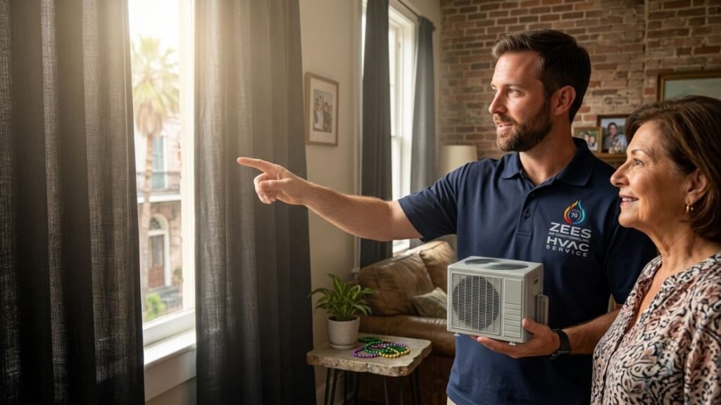 technician explaining blackout curtain benefits to homeowner in New Orleans