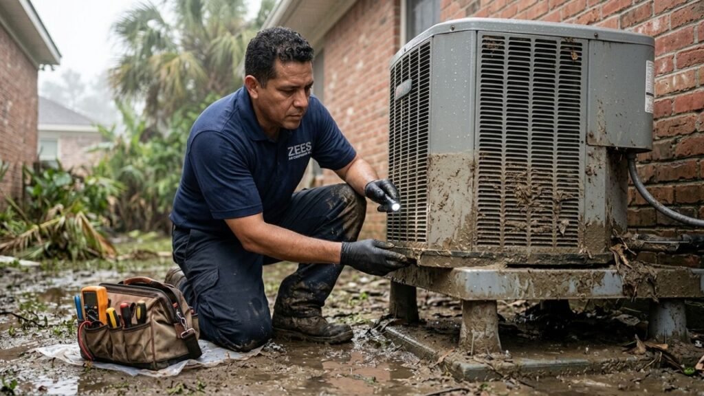 technician inspecting flooded outdoor AC unit after storm in New Orleans