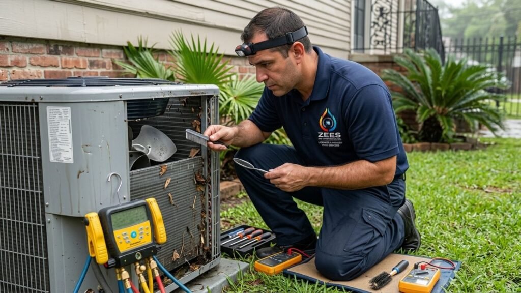 technician inspecting outdoor AC unit after a storm in New Orleans