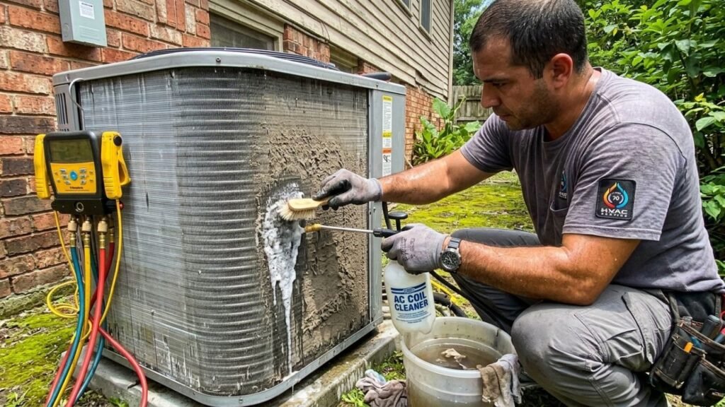 Technician cleaning AC coils after construction damage
