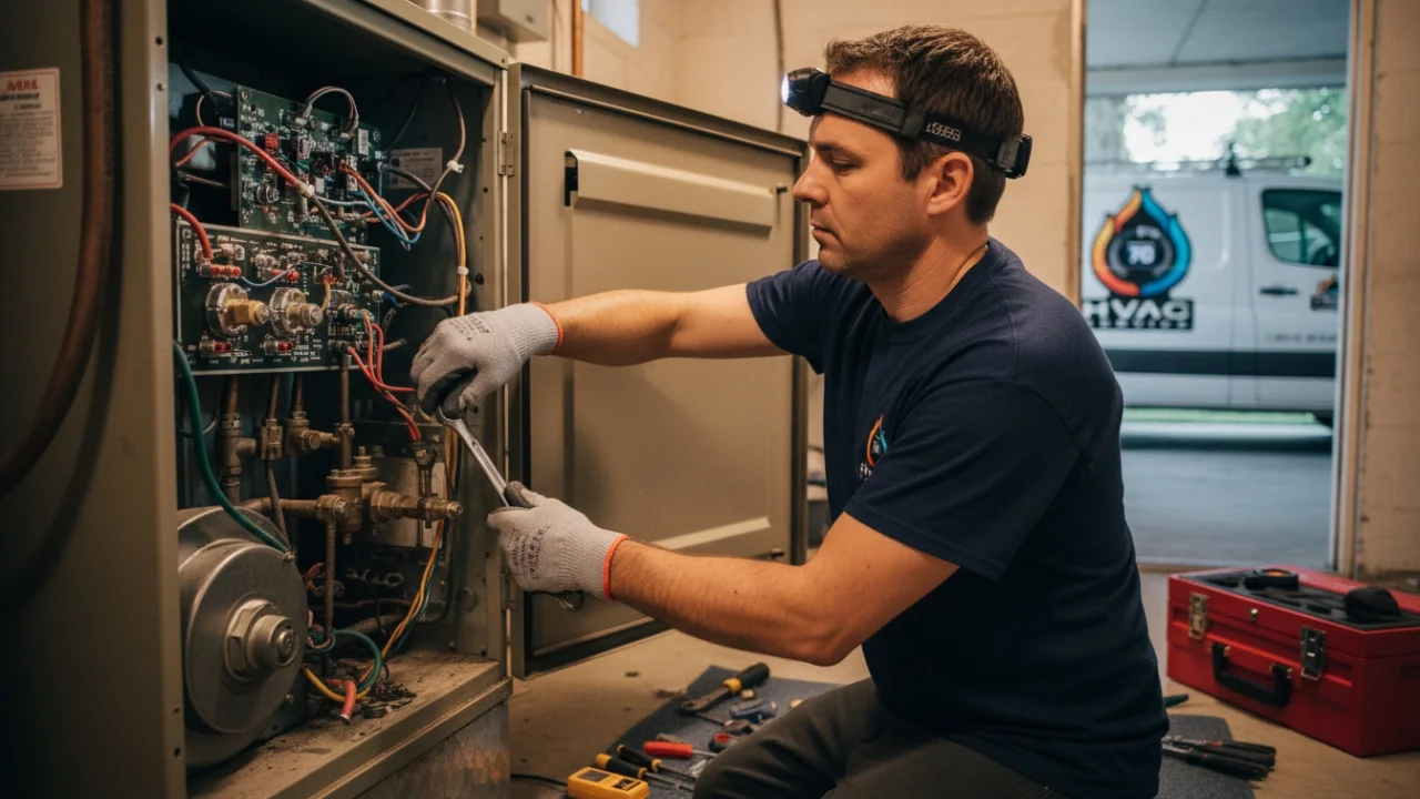 Technician repairing heating system in Harvey LA