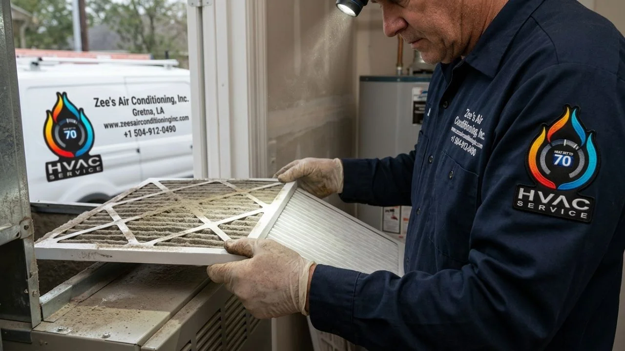 Replacing dirty AC filter in Gretna home.